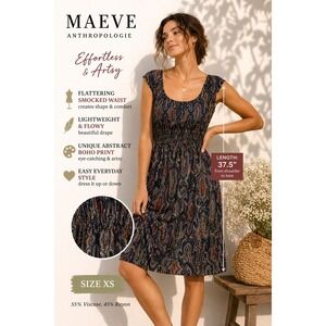 Maeve Anthropologie Dress XS Boho Midi Smocked Waist Abstract Print Cottagecore